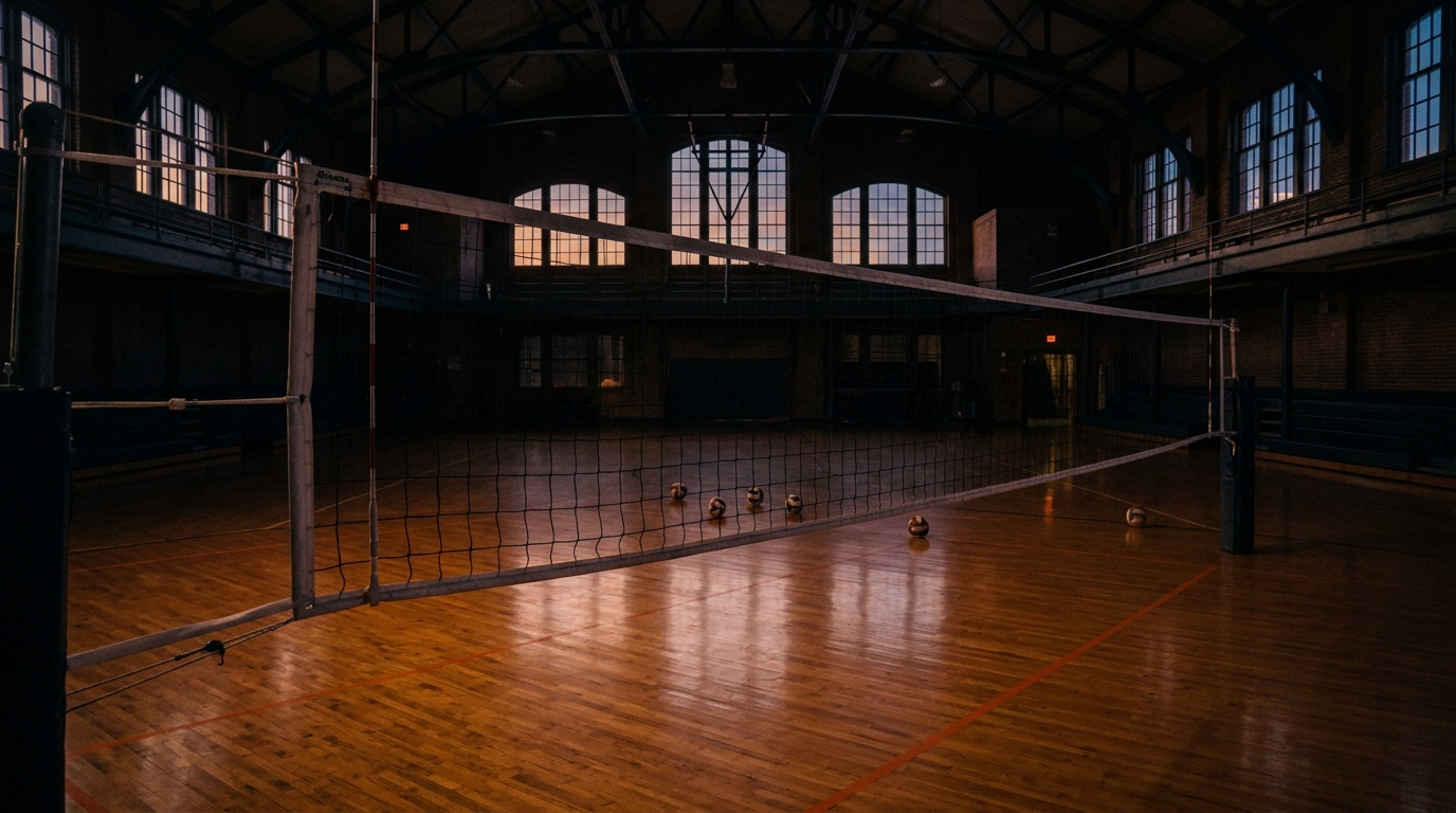 An empty indoor volleyball court at dusk with the net in the foreground