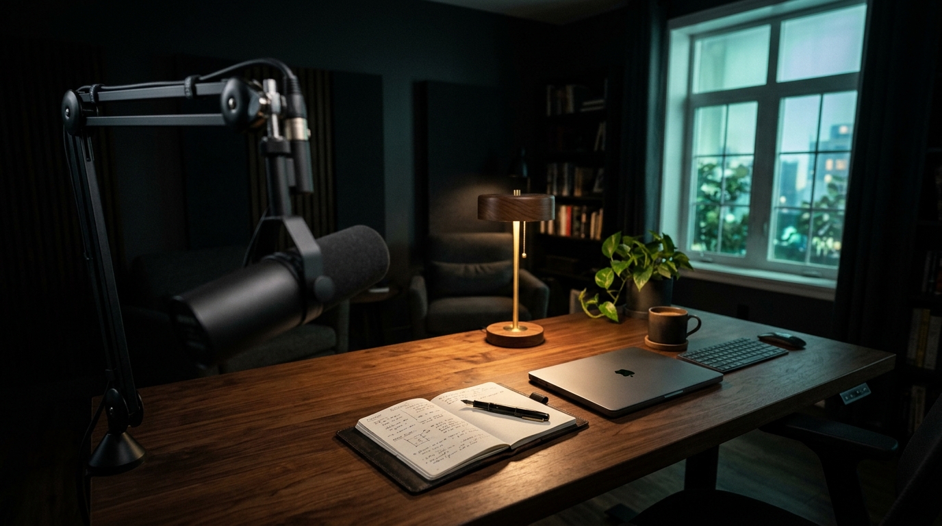 A broadcast microphone on a boom arm above a desk with a notebook and laptop, lit by a warm lamp in a dim studio