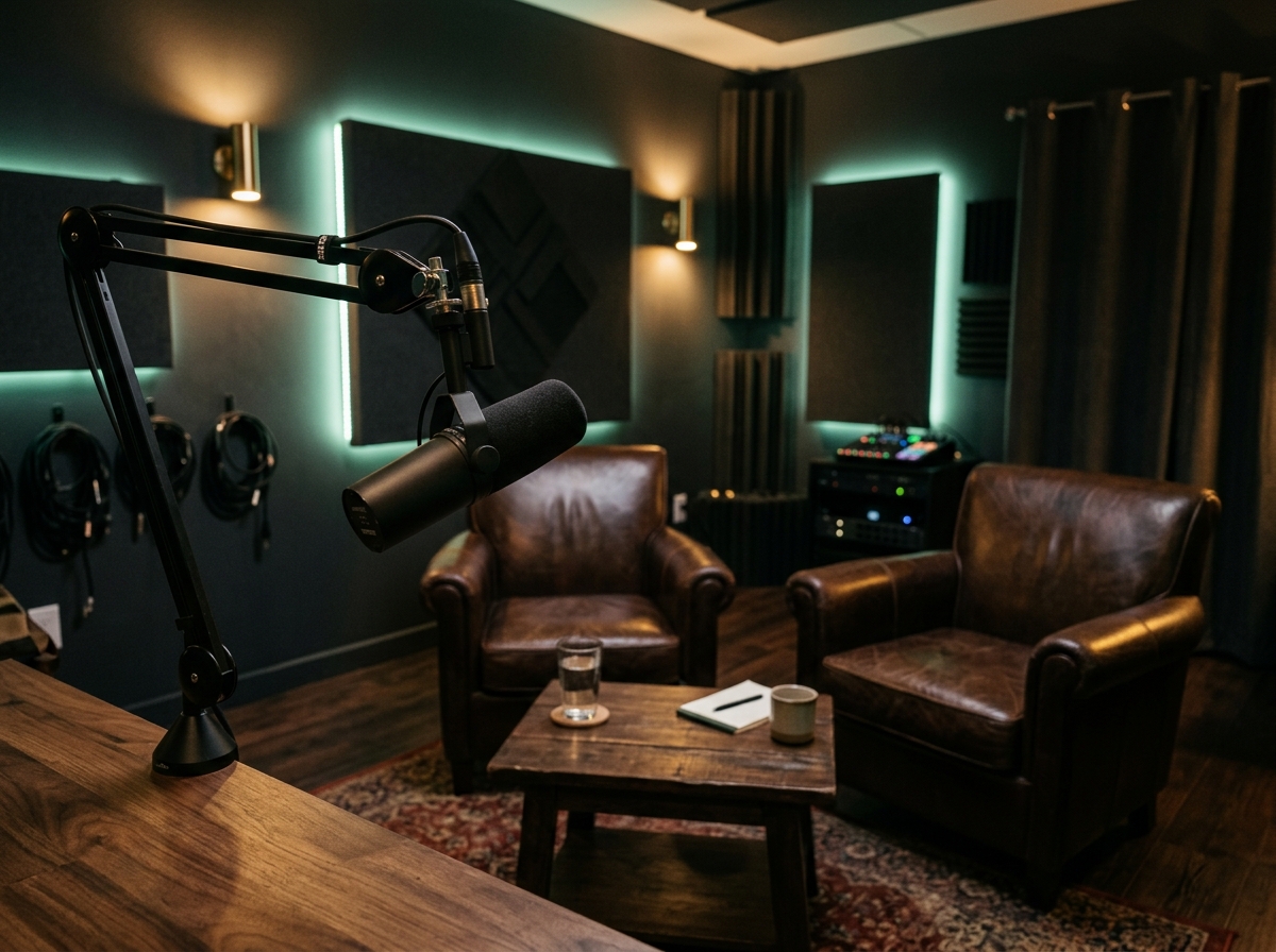 A podcast microphone on a boom arm in a dim interview studio with two empty chairs